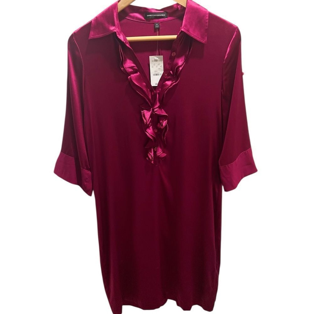 Express Design Studio Silk Blend Ruffle Front Pink 3/4 Sleeve Dress NWT Small